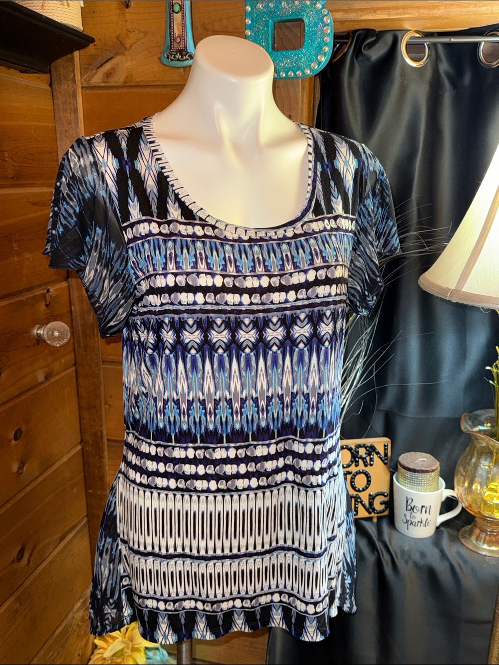 Blue Patterned Short Sleeve Women’s Top sheer sleeves very flattering